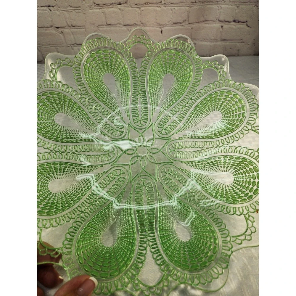 Turkish EFE Mint Green Etched Lace Glass Platter Art Hand Made Vintage